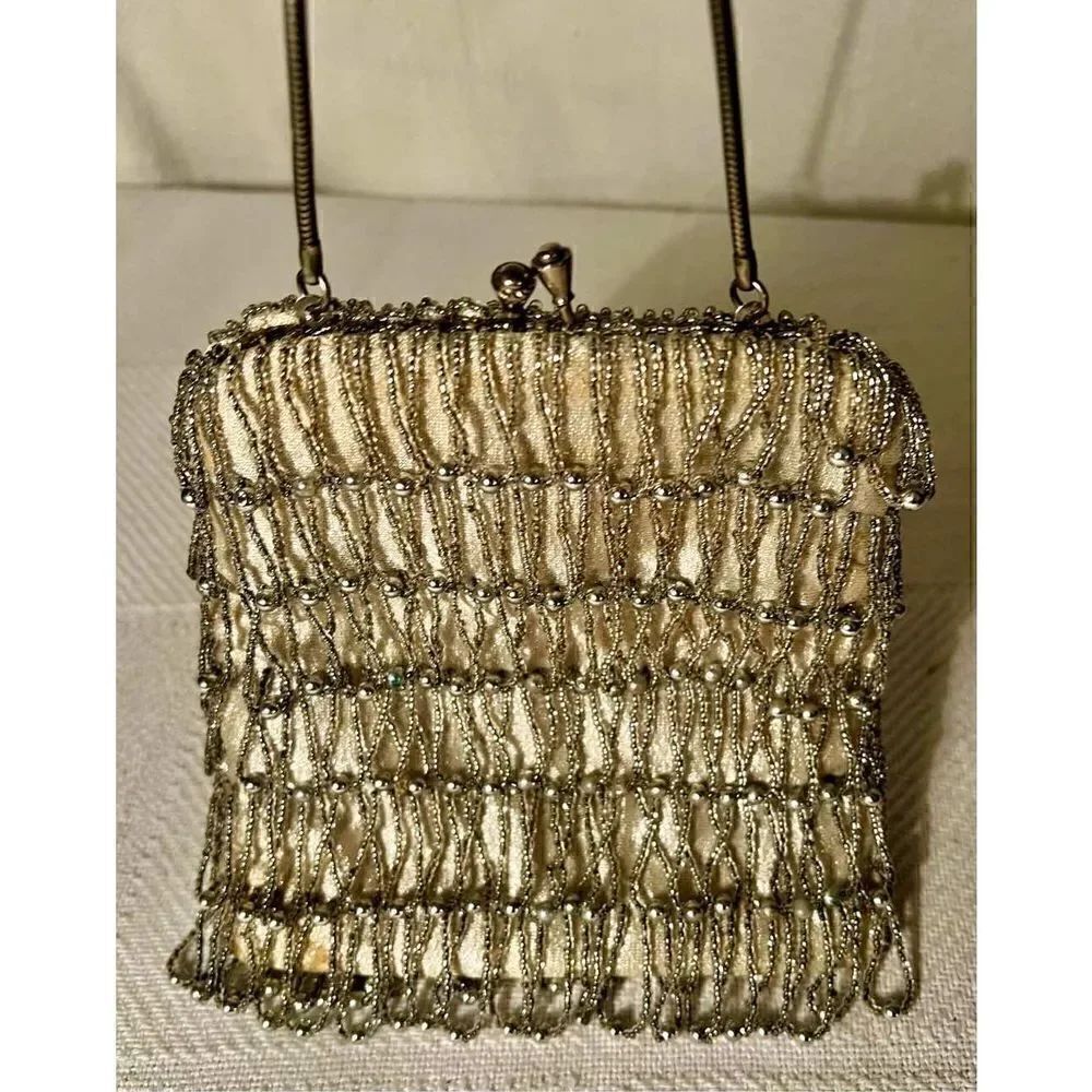 Vintage Mid Century Beaded Looped & Fabric Silver Clasp Purse W Chain Handle
